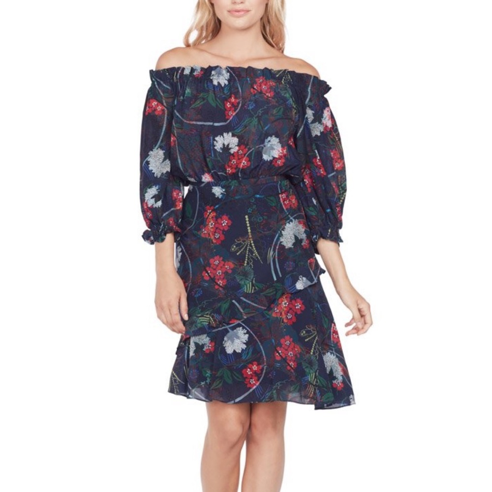 Saloni Grace Dress Floral Off Shoulder Blue Sz 2